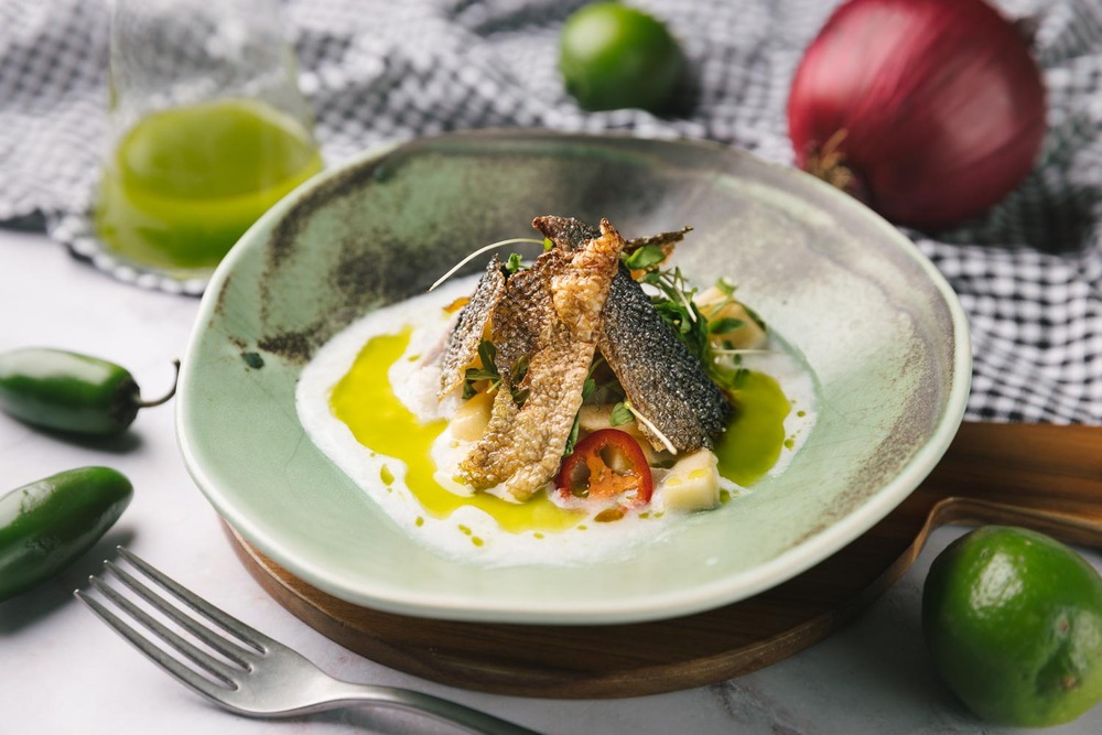 Plato con ceviche de lubina para la receta de ceviche
