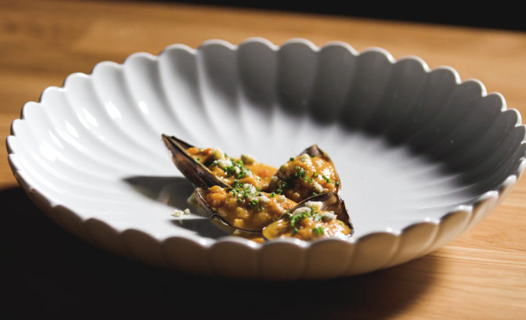 Plato con mejillones en tipos de mariscos