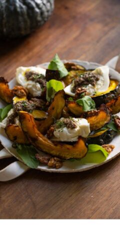 Roasted butternut squash salad with tapenade, rocket, burrata and spiced walnuts