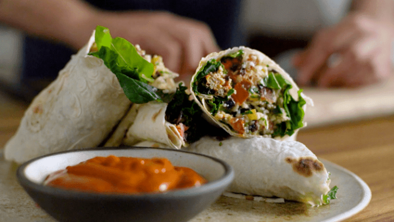 Split Pea Falafel with Cauliflower Couscous, Harissa and Hummus in Lavash Bread
