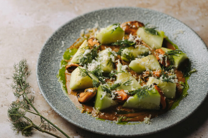 Cucumber salad with smoked mussels and horseradish