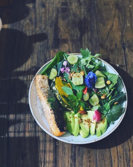 Jess Chew - Soulful lunch with grilled salmon and greens.