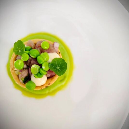 Hugo Jesús - Tartar de atum, com maionese de limão, e purê de ervilhas lima e côco