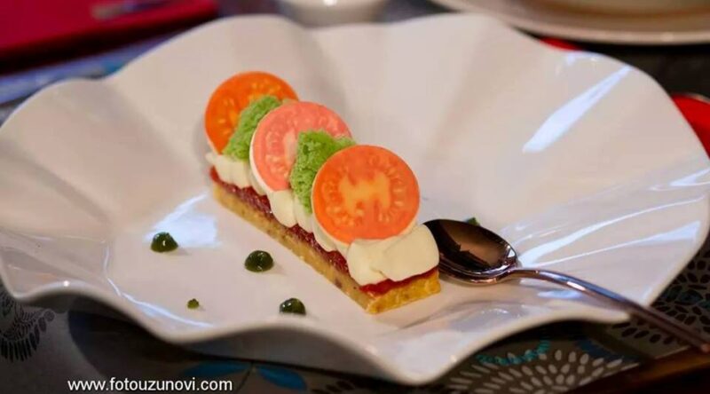 Caprese Salad Bar-Pine nut and bisquibase,tomato confit,cream cheese,chocolate tomatoes ,basil M sponge and gel