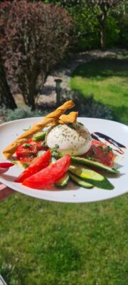 Seasonal tomato and cucumber salad with burrata and fresh oregano