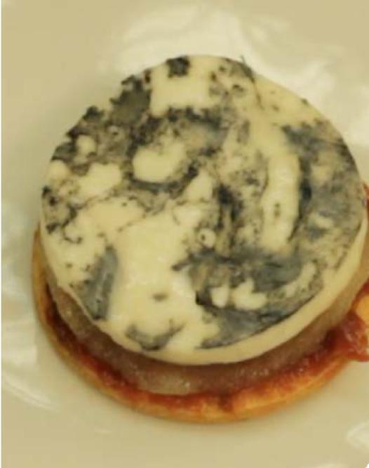 Fresh Blue Cheese with Crispy Praline Ravioli, Red Cabbage and Strawberries with Mustard