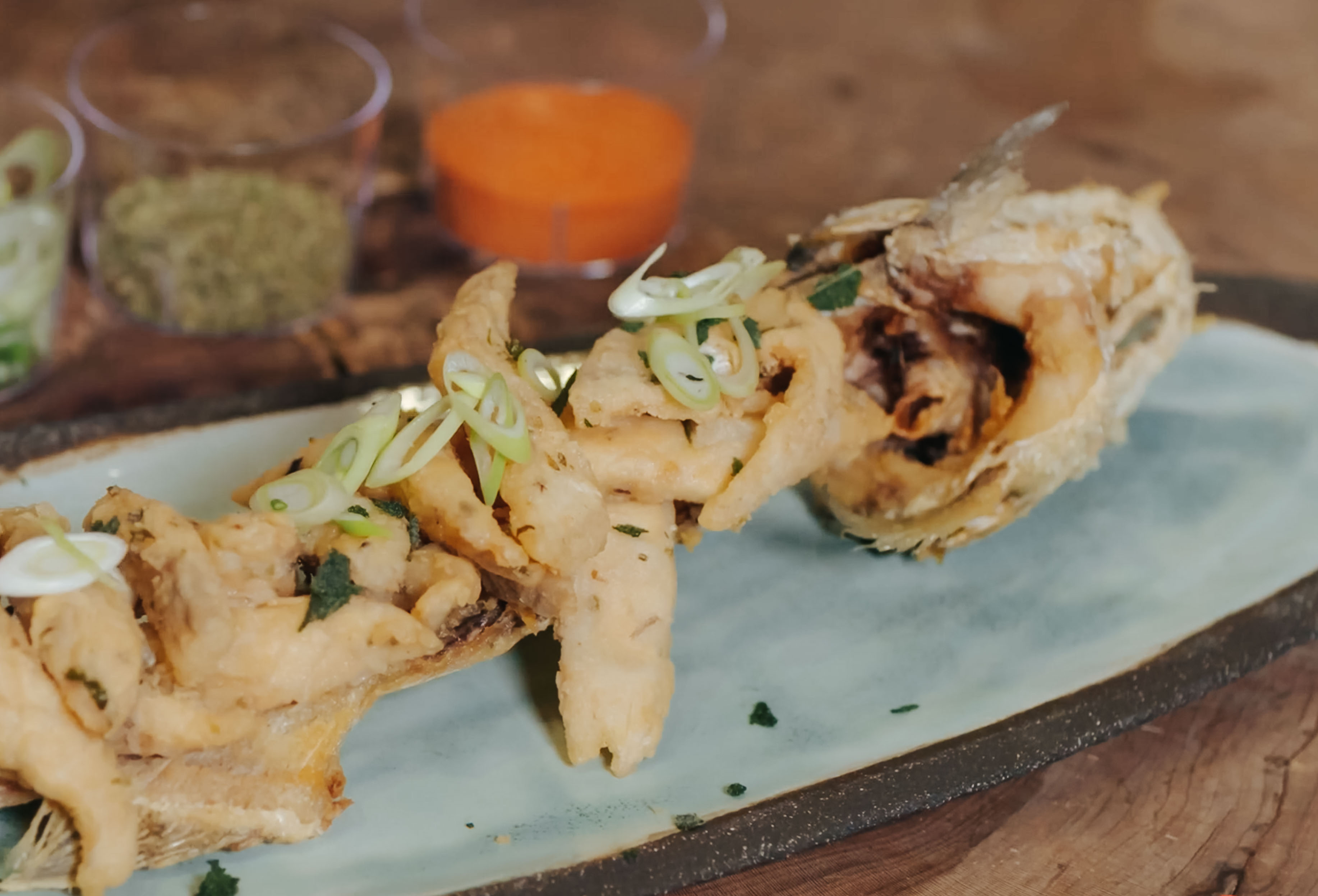 Marinated and fried sea bass