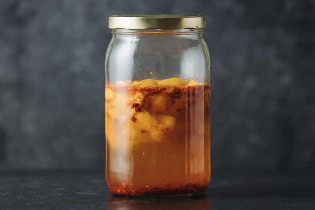 Liquid pickles: pickled lemon peels with chili