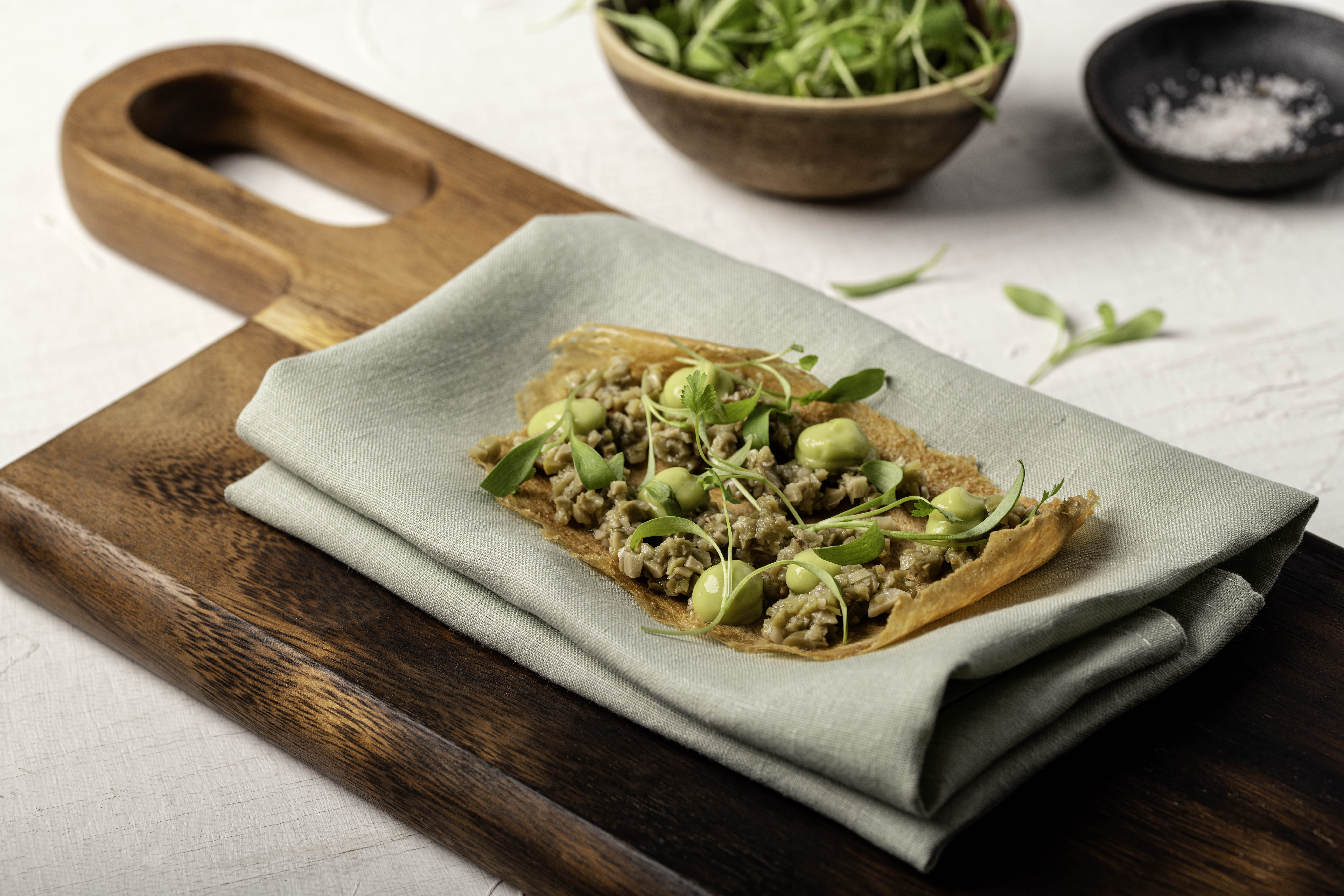 False toast of beef tendon with pickled broad beans