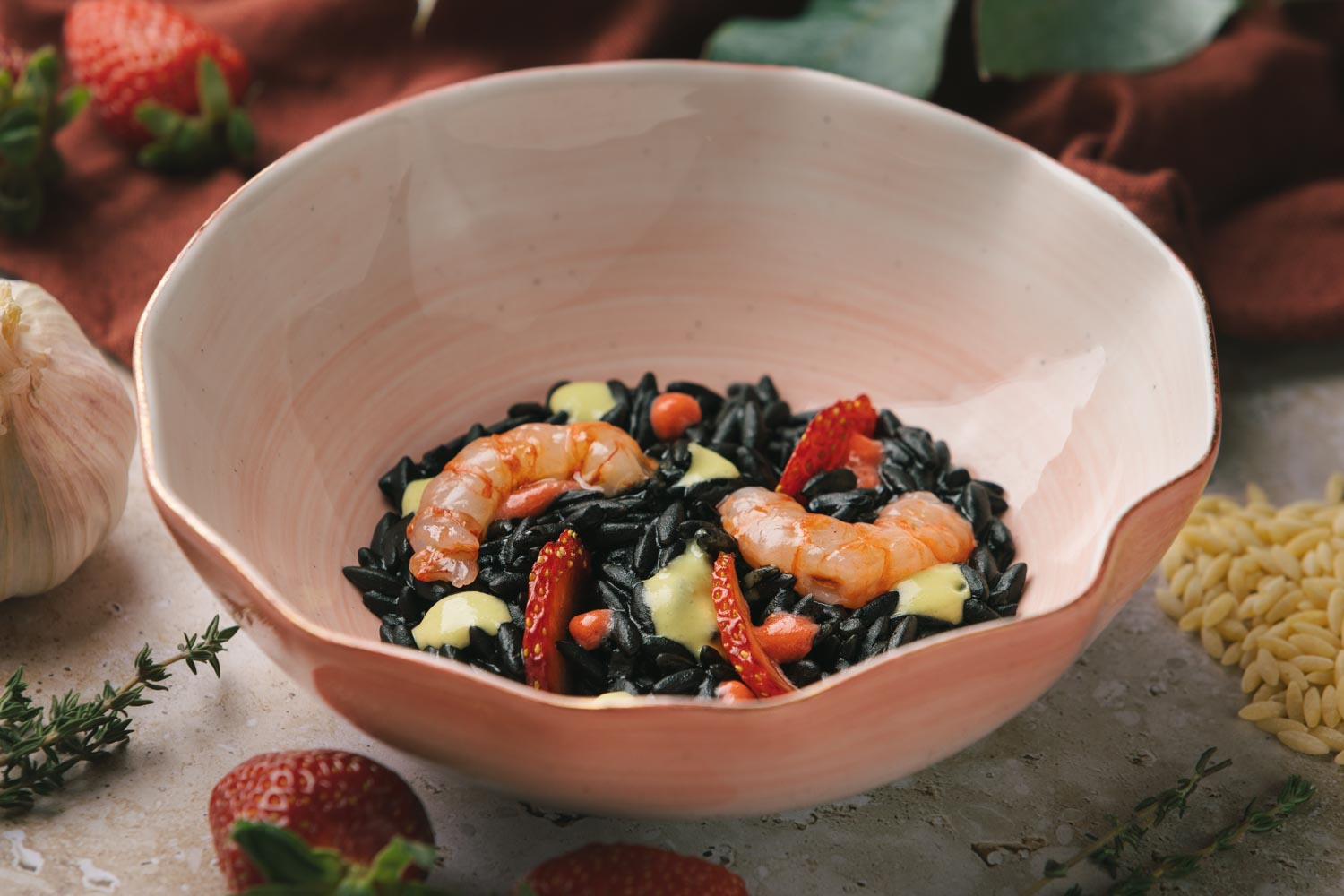 Squid Ink Orzotto with Shrimp, Strawberries and Green Tomatoes