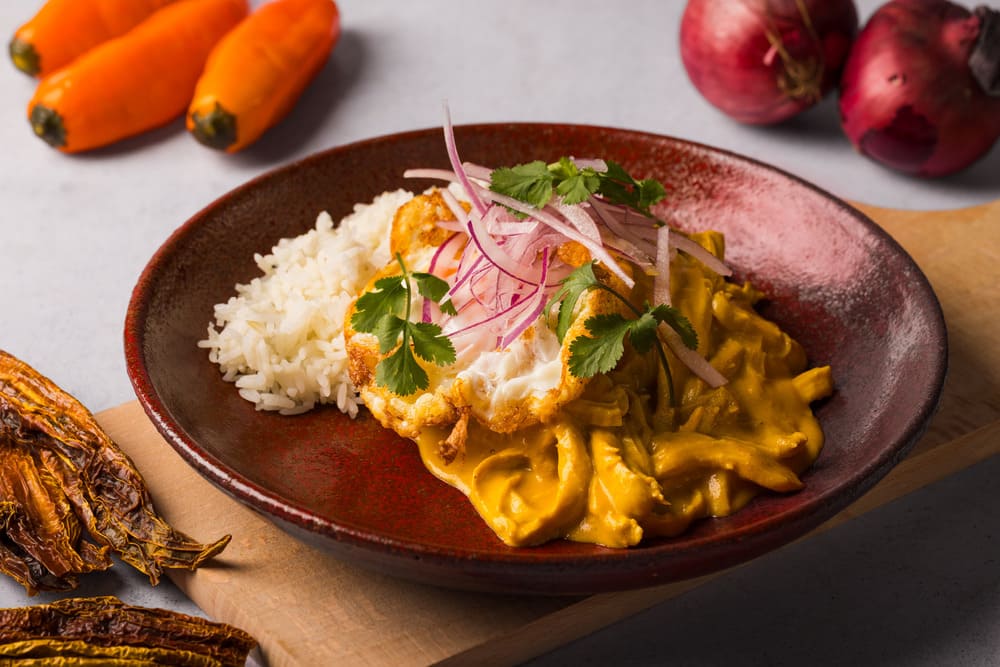 Chicken Chili Curry, Fried Egg, Salsa Criolla, and Jasmine Rice