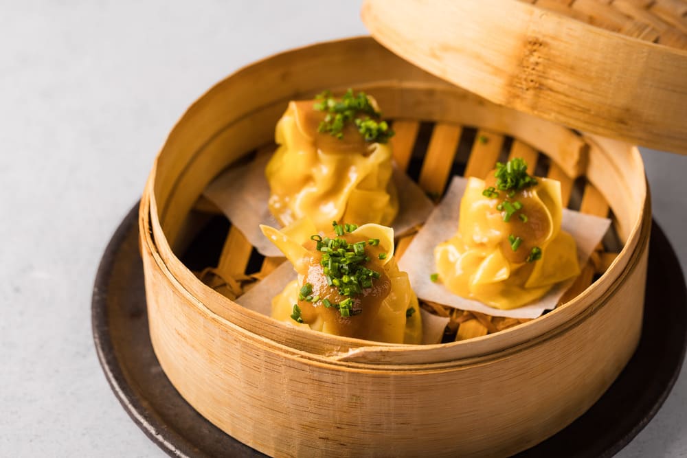 Steamed Shrimp Siu Mai with Roasted Pear Hoisin Sauce