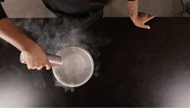 Make chocolate caviar pearls frozen with liquid nitrogen